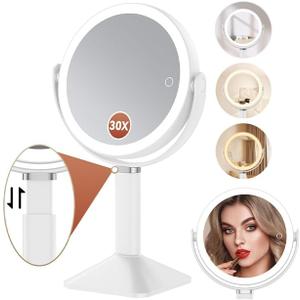 Lighted Makeup Mirror with Lights, Height Adjustable 30X Magnifying Vanity Mirror with 4000mAh Rechargeable Battery & 3 Colors Dimming Light for Desktop Bathroom Bedroom