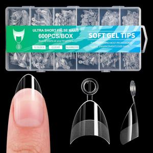 3 x 600Pcs Extra Short Stiletto Nail Tips, 12 Sizes Pre Shaped Half Cover Stiletto Press On Nails Soft Gel Nails Matte Clear Fake Nails Tips for Nail Extension Home DIY Nail Salon with Box