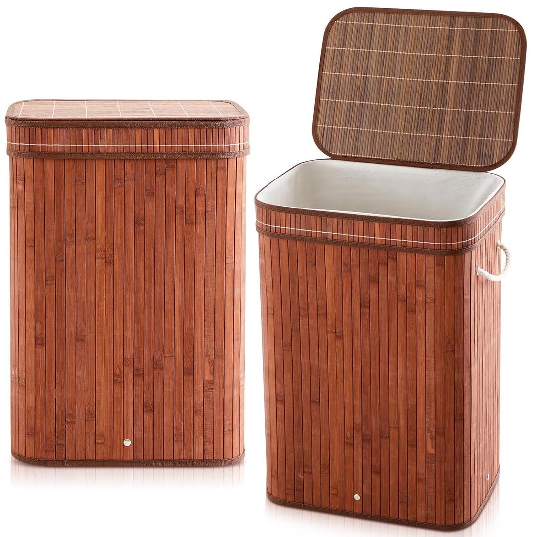 2 Pack 21 Gallon Bamboo Slim Trash Can with Lid Large Foldable Slim Rectangular Garbage Can Bamboo Waste Basket for Bathroom Bedroom Office Home Salon Spa (Coffee)