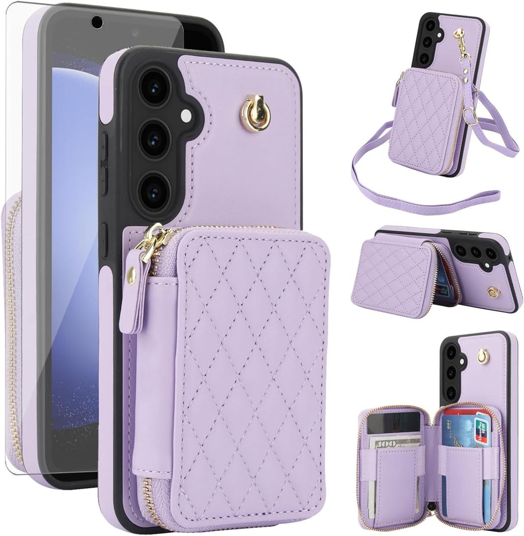Phone Case for Samsung Galaxy S23 FE 5G Wallet Cell Cover with Tempered Glass Screen Protector Wrist Crossbody Strap Stand Lanyard RFID Blocking Credit Card Holder S 23 EF S23FE 23S Women Girls Purple