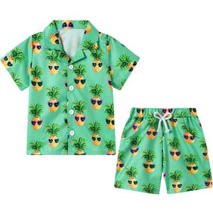YUEMION Boys Hawaiian Outfit 2Pcs Set Summer Beach Button-Down Shirt Top + Shorts for Kids 2-10 Years (Green - Pineapple)-9-10 Years