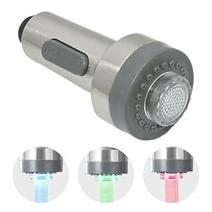 Kitchen Faucet Pull Down Spray Head with LED Lights 3-Function Sink Spray Nozzle Fit for Kitchen Sink Faucet Pull-Down Spring Single Handle Stainless Steel faucets (Brushed nickel)