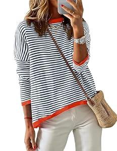 ZESICA Women's Fall Striped Sweaters Long Sleeve Crew Neck Shirts Color Block Lightweight Pullover Tops Dark Blue Small
