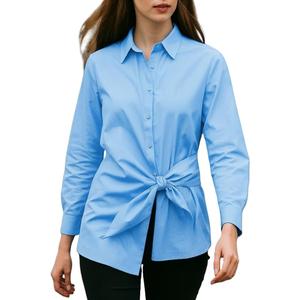 Womens Button Down Tie Front Shirt Long Sleeve Collared Pull on Blouse for Office Work Casual Wear Blue (M)