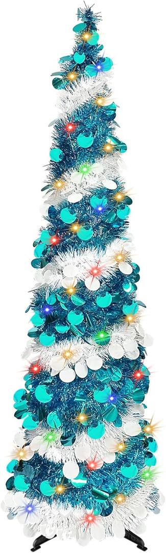 5FT Pop Up Christmas Tree, Collapsible Artificial Blue Christmas Trees with 90 LED Lights, Tinsel Small Pencil Christmas Tree for Home Holiday Fireplace Party Indoor Outdoor Xmas Decorations
