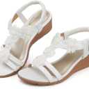 SHIBEVER Womens Sandals Wedge Flower: Open Toe Elastic Ankle Strap Wedge Sandal - Dressy Sandals Women - Comfortable Summer Bohemia (8.5, 2626-white)