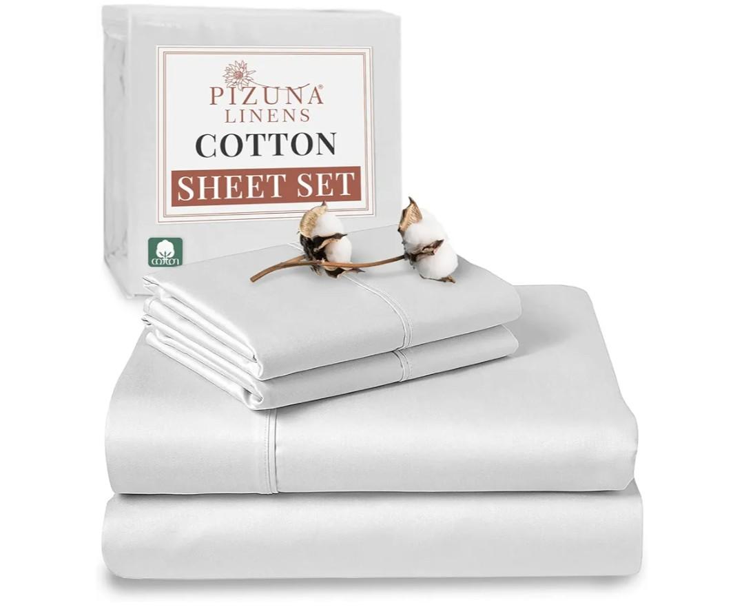 Pizuna 100% Cotton White Fitted Sheet + 2 Pillowcases Set 400TC Twin Sateen Weave 15" Deep Pocket Fitted Bottom Sheet Luxurious Cooling Twin Bedding Set