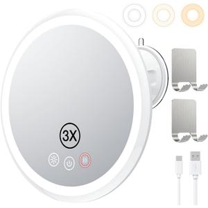 3X Magnifying Lighted Shower Mirror Fogless for Shaving, 5000mAh Rechargeable 8.3 Heated Fog Free Shower Shaving Mirror with Light 3 Colors Dimmable, 360Swivel Magnetic Design for Men, NO-Drilling