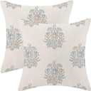 Blue Brown Floral Pillow Covers 18x18 Inch Set of 2, Blockprint Flower Outdoor Decorative Grandmillennial Throw Pillows Neutral Floral Couch Cushion Case for Chair Sofa Bedroom Living Room