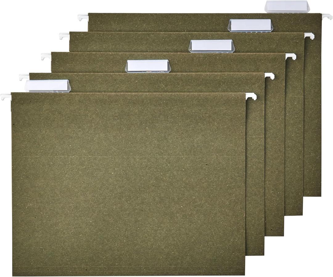 Amazon Basics Hanging File Folders for Documents, Letter Size, 1/5-Cut Adjustable Tabs, Standard Green, 12 Count per Box
