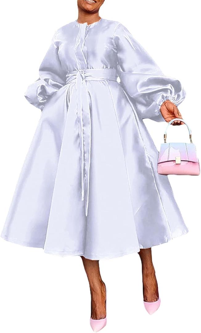 YOOTIKO Women Long Sleeve Satin Dress Button Flowy A Line Formal Cocktail Babydoll Dress with Belt, Size: XX-Large (White)