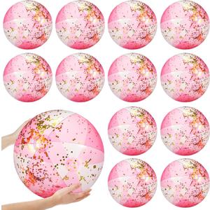12 Pcs Inflatable Beach Balls Bulk 16 Inch Glitter Beach Balls Pool Toys for Summer Bachelorette Party Confetti Sparkling Clear Swimming Pool Toys for Party Favors (Pink)