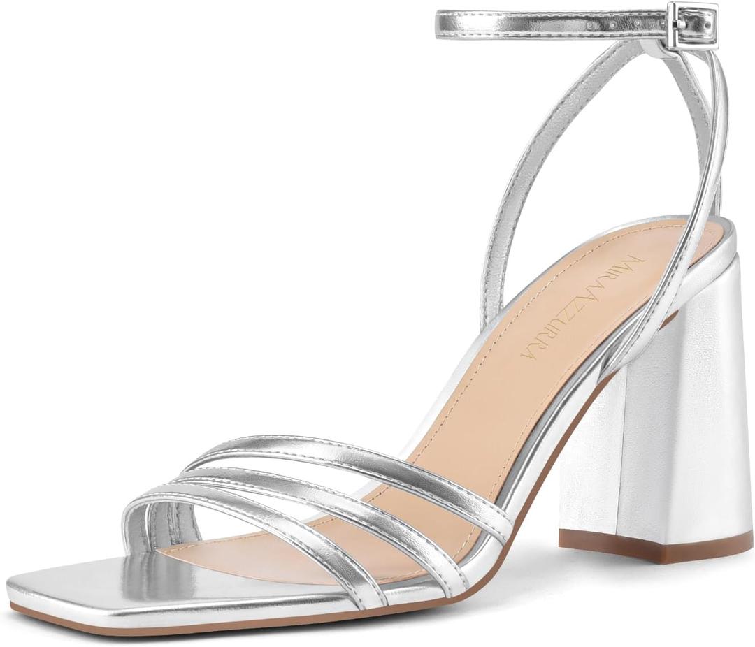 MIRAAZZURRA Womens Heeled Sandals, Square Open Toe Chunky Block Heels with Ankle Strap, for Women Daily Party Dress Comfortable Heels (9, Silver) MIRAAZZURRA Womens Heeled Sandals, Square Open Toe Chunky Block Heels with Ankle Strap, for Women Daily Party Dress Comfortable Heels (9, Silver)
