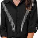 Daacee Womens Sparkle Fringe Tops Rhinestone Tassel Button Down Rolled Long Sleeve Shirts Western Cowgirl Concert Outfits (Medium, Black)