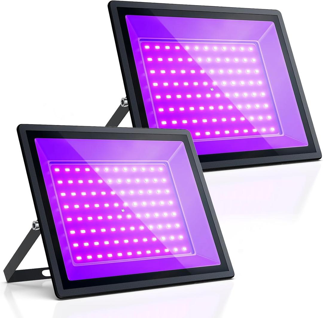 100W UV Black Light, IP66 Waterproof, w/Plug & Integrated Switch. Ideal for Glow Parties, Stage Lighting, Body Painting, Aquariums. Indoor/Outdoor Use, Halloween/Christmas Decorations(2 Packs)