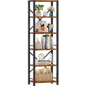 Furologee 6 Tier Tall Bookshelf, Industrial Narrow Bookcase, Display Standing Shelf Units, Metal and Wood Storage Rack Organizer for Living Room, Home Office, Entryway, Kitchen, Rustic Brown