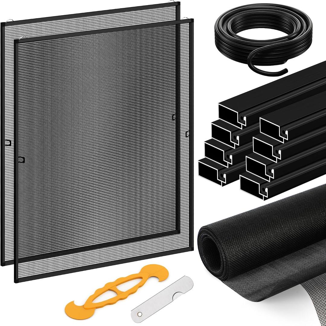 DIY Window Screen Frame Kit 2 Pack, Cut-to-Size 46" Aluminum Frame with Heavy Duty 46"x99" Mesh for Window Screen Replacement, Includes All Tools & Hardware for Windows, Patio, Porch, Black
