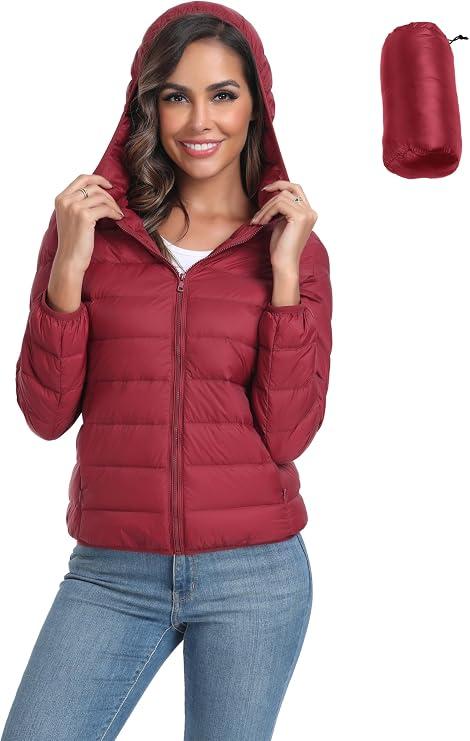 Valennia Women's Short Down Coat Packable Puffer Jacket With Hooded Winter Ultra Light Outerwear, Wine Red M