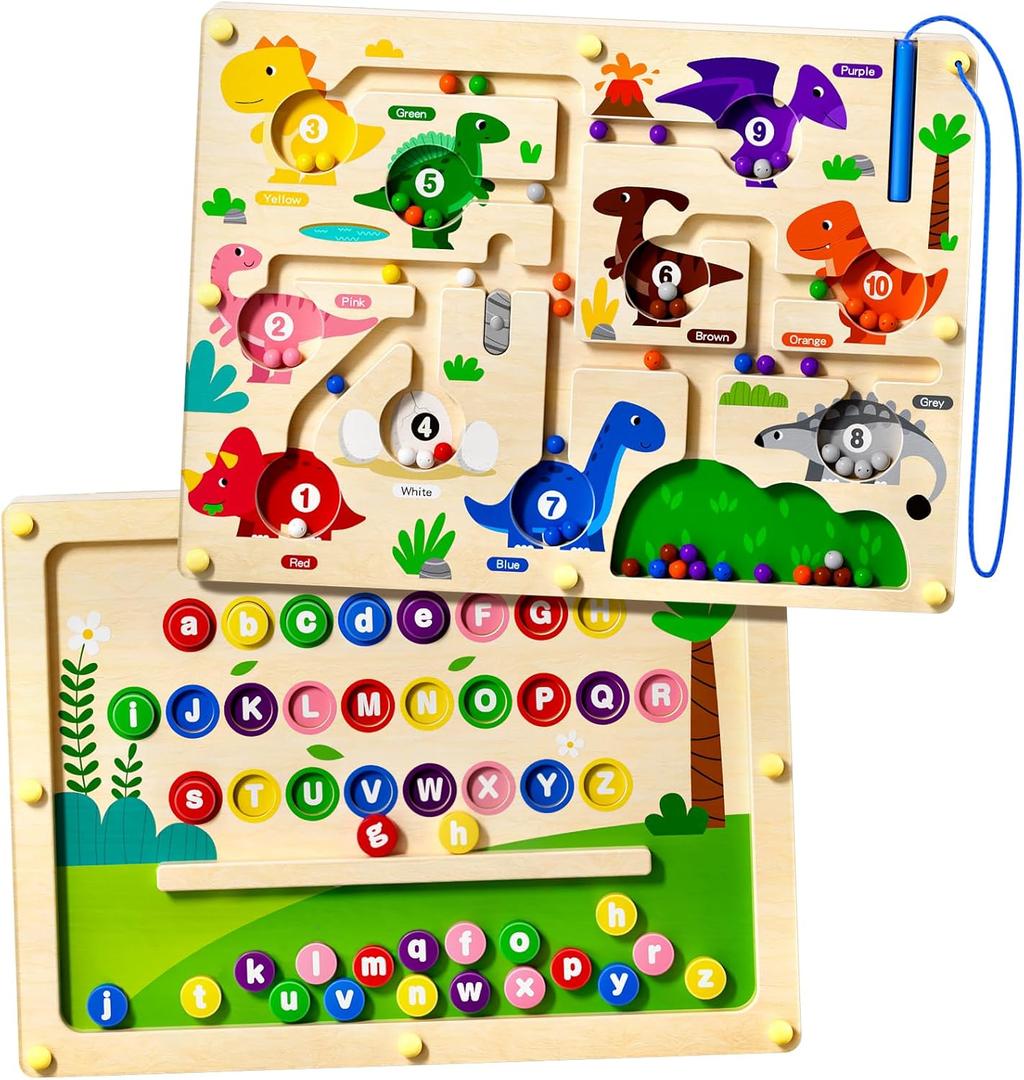 2 in 1 Magnetic Color and Number Maze Double-Sided ABC Alphabet Puzzles Board Magnet Dinosaur Counting Maze Preschool Learning Montessori Education 3 4 5 Years Toys (Multicolored, One Size)