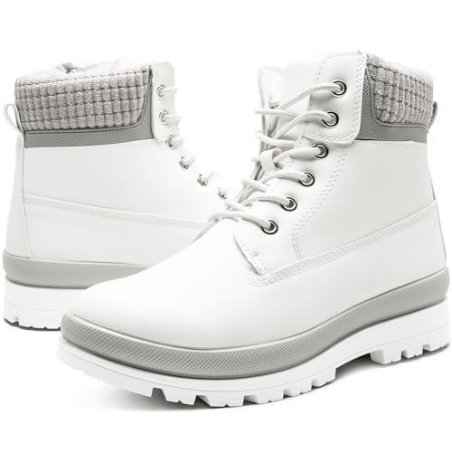 Waluzs Womens White Winter Snow Boots Combat Boots for women Waterproof Fur Lined Ankle Booties Non Slip Fuzzy Warm Platform Boots Lace Up Hiking boots with Zipper(White,US9)