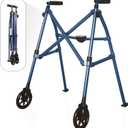 Stander Space Saver Walker, Lightweight Folding Rolling Mobility Aid for Seniors & Adults, Compact 2-Wheel Disability Device with 6-inch Wheels & Ski Glides for Walking Support, Cobalt Blue