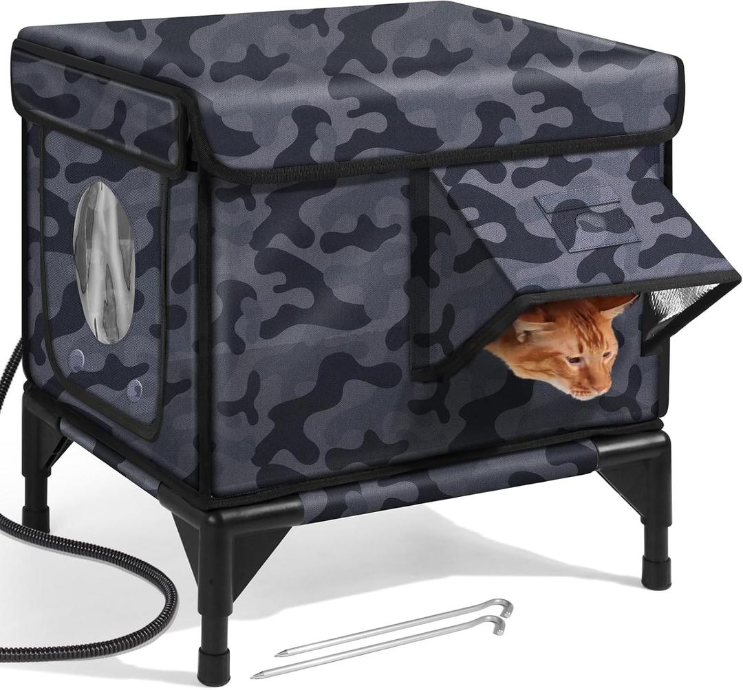 Outdoor Heated Cat House in Winter,Extremely Insulated & Weatherproof,Elevated Feral Cat Shelter with Waterproof Eaves & Escape Door for Outside Stray Barn Cat (Dark Camo,S) (16.5"L x 12.6"W x 17.7"H)