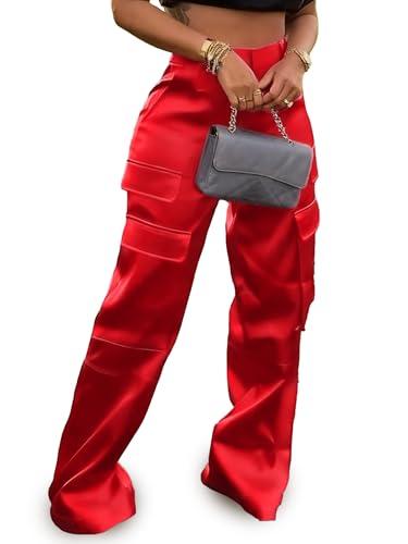 Tapata Petite 28.5" Inseam Womens Satin Cargo Pants High Waisted Wide Leg Casual Streetwear Trousers Club Outfits, Red M