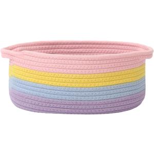 Woven Basket,Small Rope Storage Bin with Handles & Ribbon Bag, Organizer for Shelves Closets,Gift Basket Empty for Birthday,Books,Dog Toys, Rainbow (1 Pack)