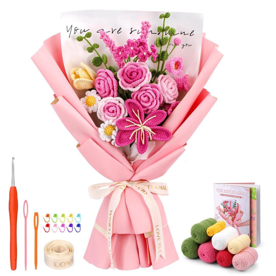 Iuuidu Crochet Kit for Beginners, Rose-Pink Flower Bouquet Crochet Kit, Knitting Kit with Step-by-Step Video Tutorials for Woman Birthday Anniversary Day Weddings Party Present, Home Decor