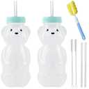Honey Bear Straw Cups, Juice Bear Bottle Drinking Cup Long Straws with 4 Flexible Straws & Cleaning Tools, 8-Ounce Therapy Sippy Bottles for Speech and Feeding Training, Food-Grade & BPA Free 2 Pack