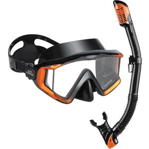 Adult Pano 3 Scuba Diving Mask, Tempered Glass Snorkel Mask Anti-Fog Swim Mask No Leakage Swim Goggles with Nose Cover Snorkeling Gear for Snorkeling, Freediving, Swimming (Orange/Black Set)