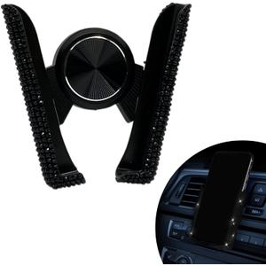 1 PC Bling Car Mobile Phone Holder, Personalized Rhinestone Design Elastic Adjustable Fully Automatic Opening Closing Air Conditioning Outlet Navigation Holder, for Most Car Models (Black)