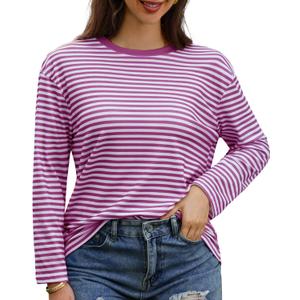 Gardenwed Long Sleeve Shirts for Women Striped Crewneck Loose Fit Basic Tops 2025 Fall T-Shirt (Pink, XL)