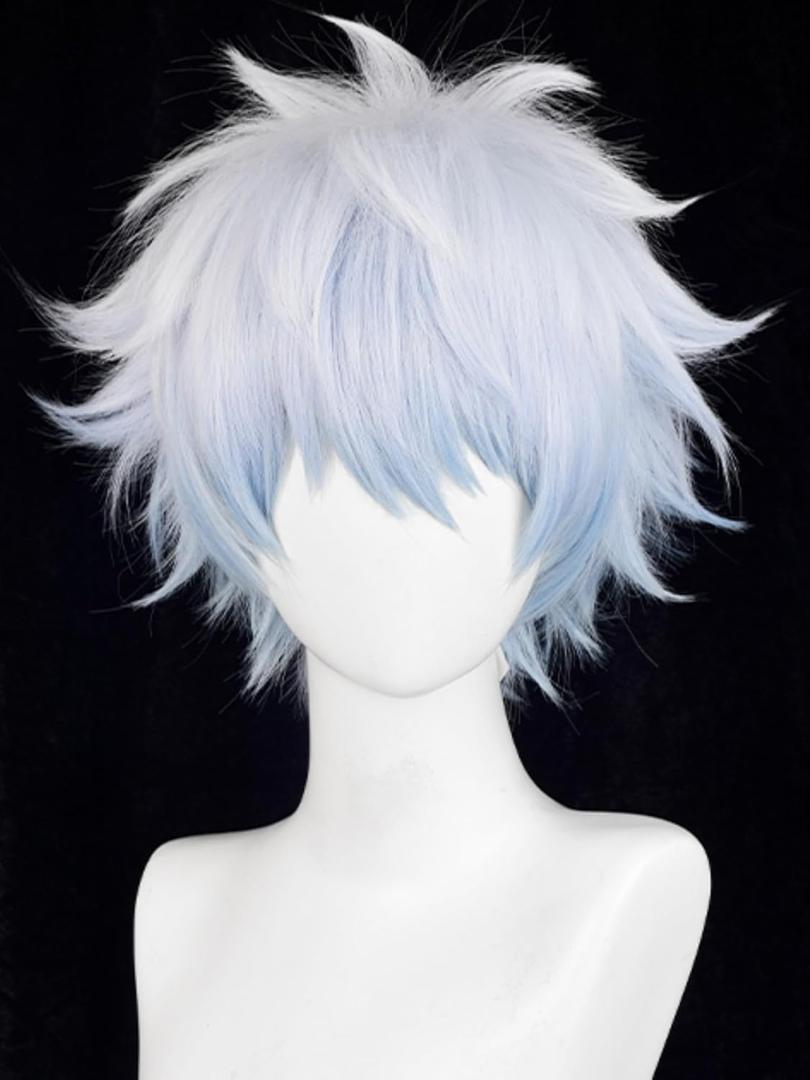 Half and Half Short Light Blue Wig for Men Blue Anime Cosplay Wig Male White Blue Spiky Layered Wigs with Bangs for Unisex Women Halloween Party