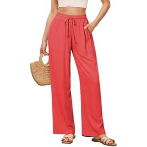 GRAPENT Linen Pants for Women Wide Leg High Waisted Baggy Drawstring Elastic Waist Palazzo Trousers Pants with Pockets 2XL