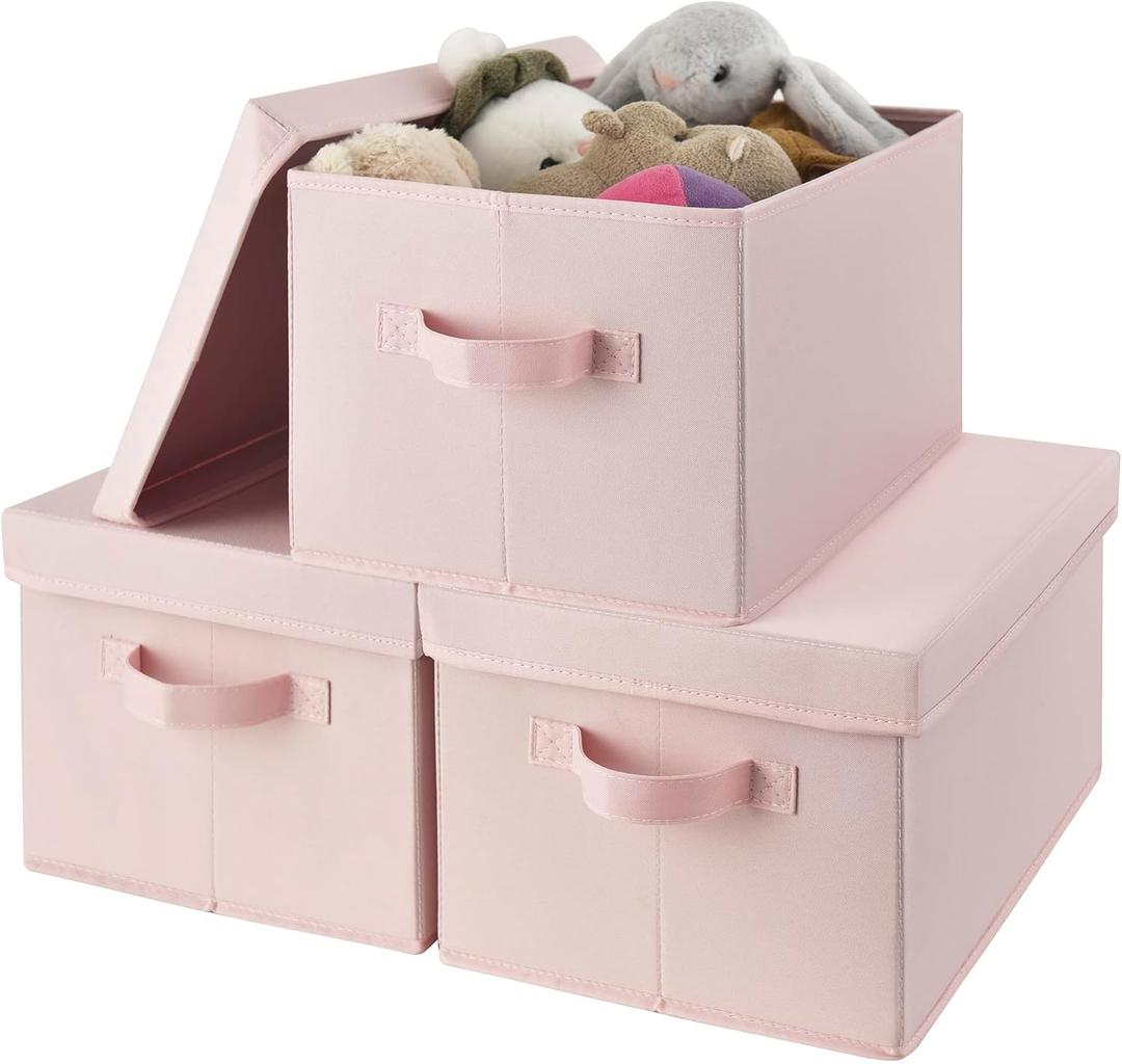 GRANNY SAYS Pink Storage Bins with Lids, Barbie Storage Organizer, Doll Toy Boxes, Stackable Fabric Storage Baskets for Closet, Baby Room, Nursery, 3-Pack (Medium)