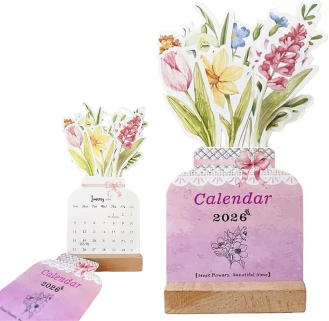 2 x Small Desk Calendar 2026-2027 Flower Calendar 2026 12 Months Floral Desktop Calendar - Mini Standing Flip Decorative Flower Calendar for Home, Office and Desk Accessories