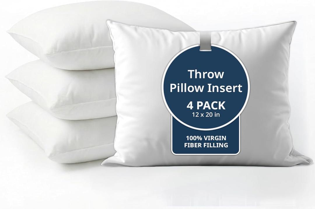 2 x LANE LINEN 12x20 Pillow Inserts, Pack of 4, Soft, Down Alternative - White