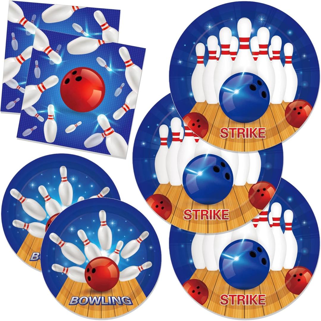 Bowling Birthday Paper Plates Party Bowling Disposable Tableware Set Party Supplies Tissue Theme Dinnerware Cutlery Kits Serves 24 Guests for Party Plates Napkins 88PCS