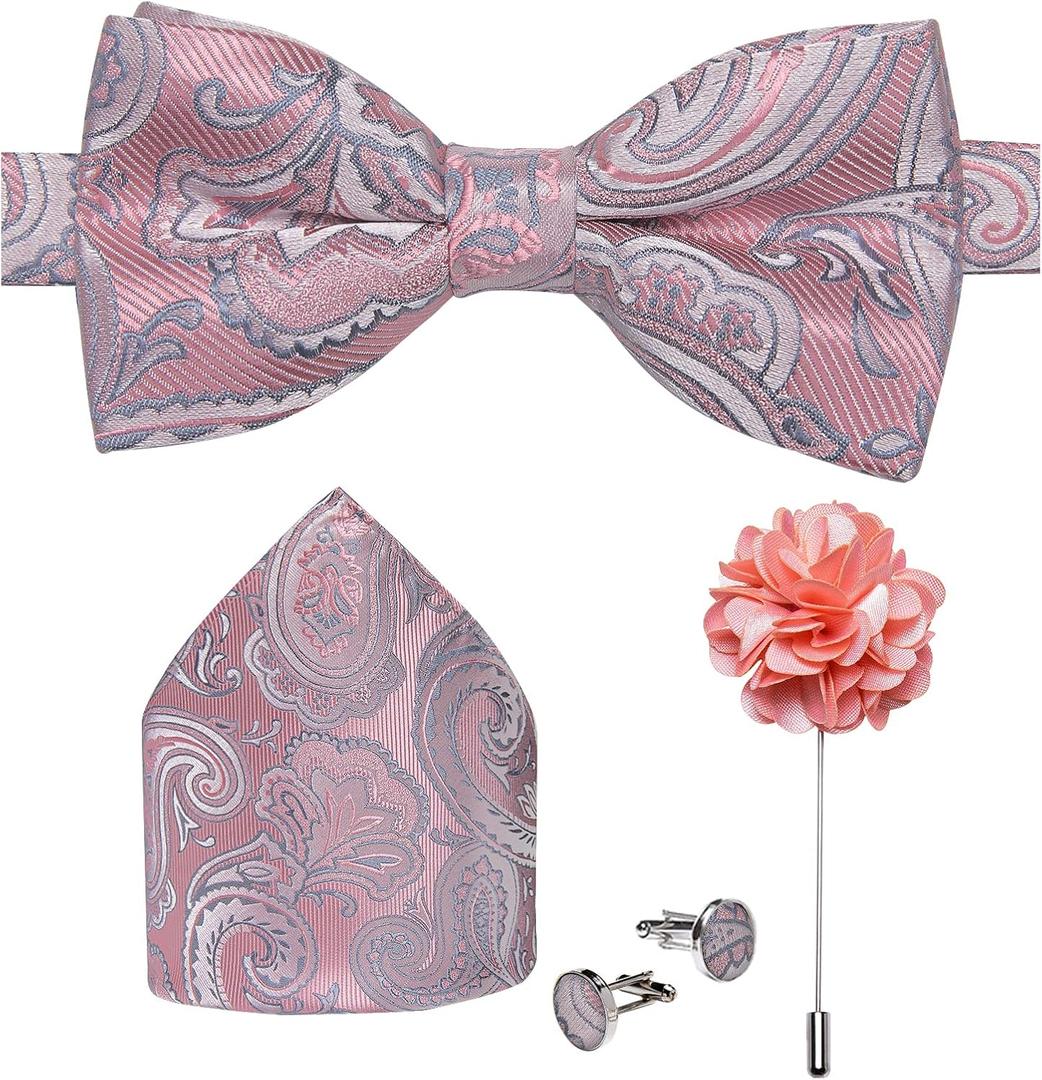 DiBanGu Pre-Tied Bow Ties for Men Silk Adjustable Tuxedo Bowties Pocket Square Cufflinks Set with Lapel Pin Jacquard Woven (Pink)