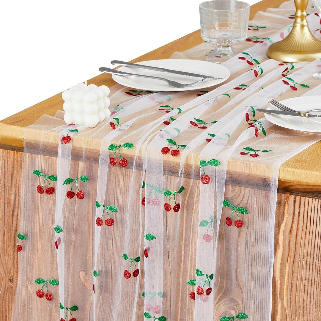 2 Pack Glitter Cherry Table Runner 35x120 Inch Cherry Birthday Party Decorations Fruit Summer Lace Tulle Fabric Table Dining Room Kitchen Holiday Wedding Baby Shower Veil Decor