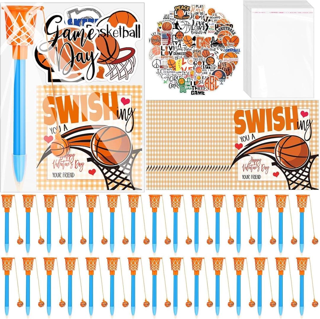 30 Pack Basketball Party Favor Set with Mini Hoop Pens Stickers Exchange Cards and Gift Bags Bulk Gifts Sports Birthday Goodie Bag Fillers for Adult