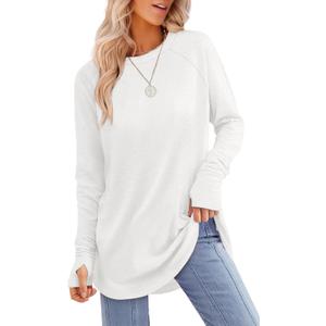 XIEERDUO Womens Tunic Tops to Wear with Leggings Long Sleeve Thumb Hole Shirts Crew Neck Curved Hem (Small)
