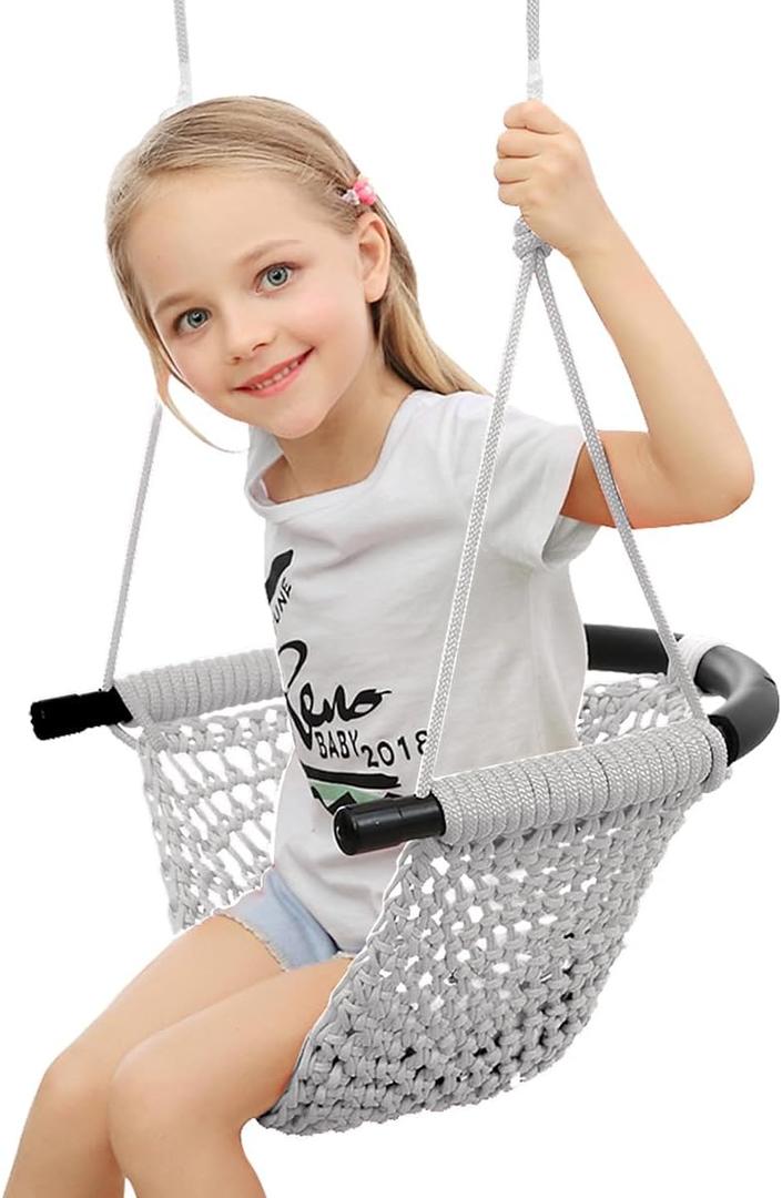 Hand-Knitting Toddler Swing Seat for Kids with Adjustable Ropes, Little tikes Swings Set, for Outdoor Indoor, Playground, Backyard (Gray)