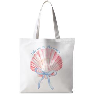 Ocean Beach Tote Bag, Coquette Bow Seashell Coastal Canvas Tote Bags for Women, Beach Gifts for Women, Gifts for Ocean Lovers, Preppy Pink Conch Beachy Reusable Grocery Shopping Bags