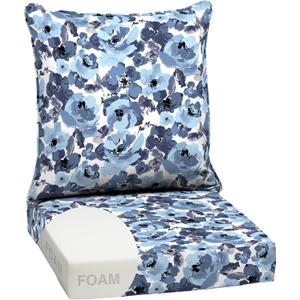 Arden Outdoor Foam Deep Seat Cushion Set, 24 in x 24 in, Weather-Proof, Rain-Proof, Fade Resistant Patio Cushion, Bottom and Back Cushion for Chair, Sofa, and Couch Blue Garden Floral