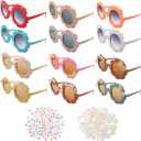 Fumwase 12 Pairs Kids Round Flower Sunglasses for Girls Toddler With 100 Colorful Letter Beads 50 Flower Beads 1 Glue for DIY Crafts Boy Girls Groovy Party Favors