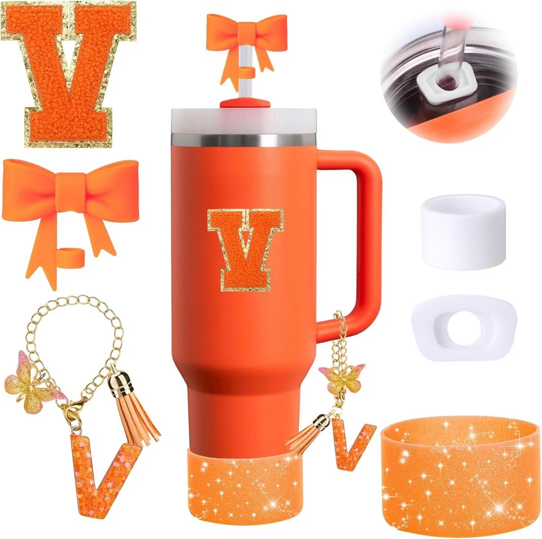 6PCS Orange Stanley Cup Accessories Set Fit for Stanley Cup 30oz 40oz,Including Spill Proof Stopper,Sparkly Silicone Boot,Bow Shape Straw Topper,Personalized Sticker,Handle Charm (Letter V)