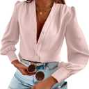 Women's Business Casual Tops Summer Long Sleeve Button Down Shirts V Neck Chiffon Blouses (X-Large)