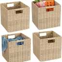 10.5 x 10.5 in Plastic Wicker Baskets for Cube Storage, Collapsible Square Wicker Storage Basket for 11 x 11 Cube Shelves Set of 4, Rattan Storage Cube, Square Baskets for Shelves - Beige